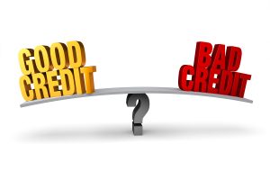 Good credit vs. bad credit balance scale illustration comparing credit ratings.