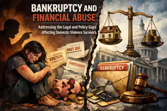 A woman sits distressed beside a broken piggy bank and eviction notice. The scene is torn to reveal legal symbols—scales, a gavel, documents—against the backdrop of the U.S. Capitol, highlighting bankruptcy and financial abuse.