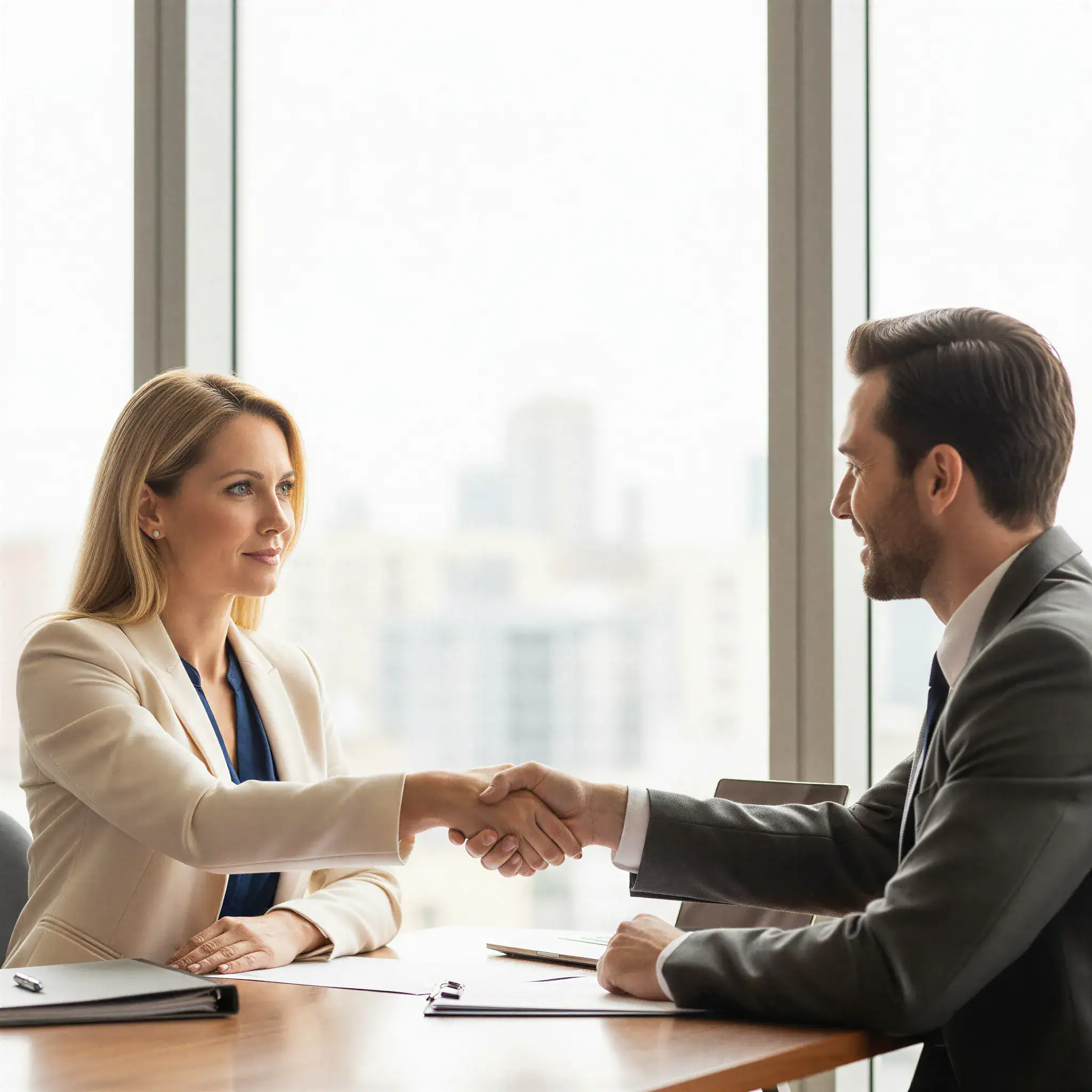 Two business professionals, a woman and a man, sit across a desk in an office and shake hands while smiling, with documents and a pen on the table and large windows showing a cityscape in the background.