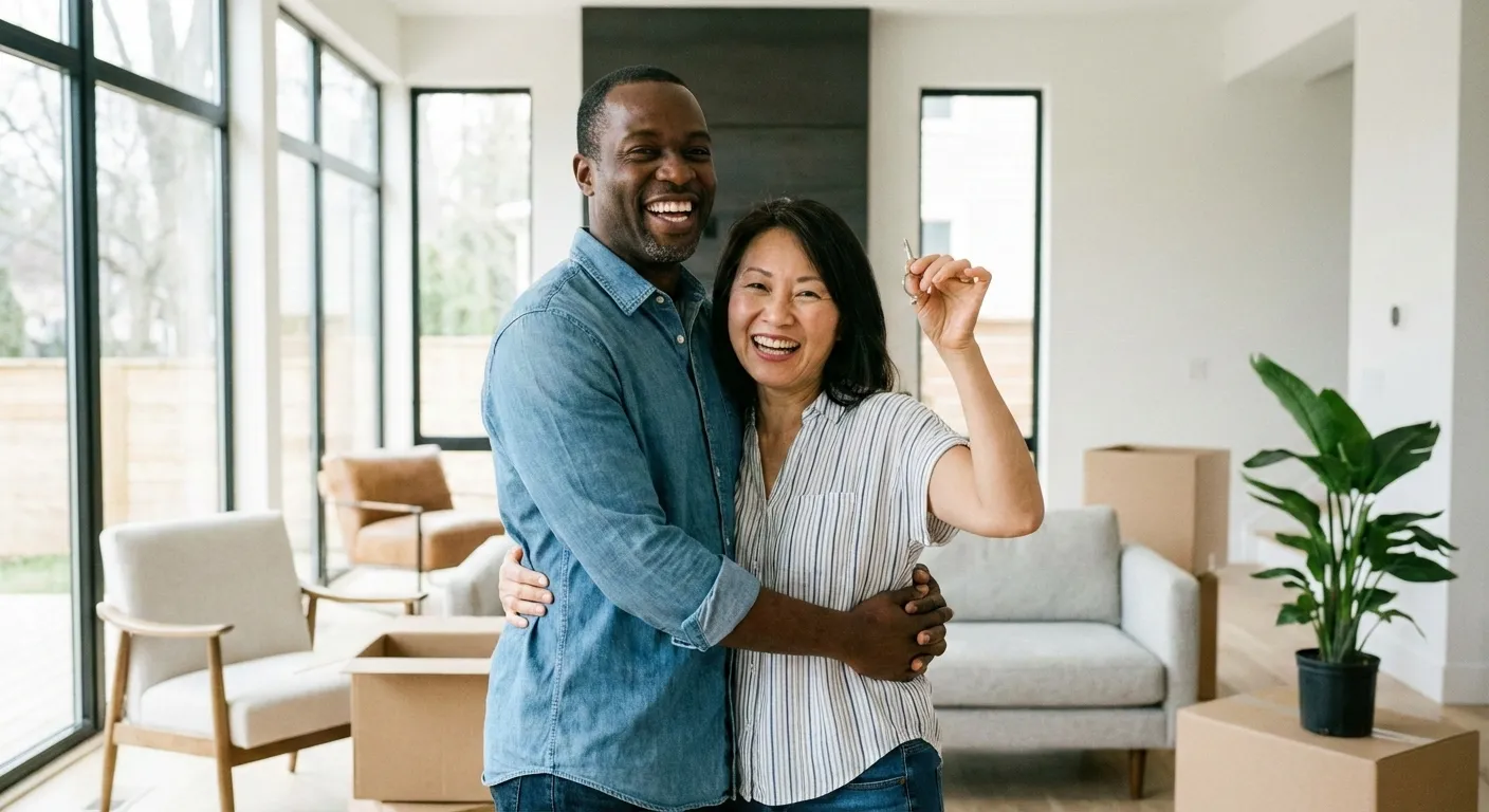 A smiling couple hugs in a bright living room, holding a key, with moving boxes and furniture in the background, suggesting they have just moved into a new home.