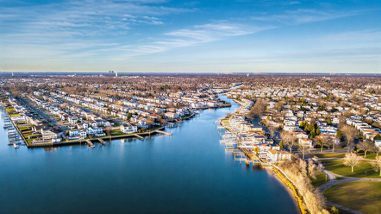Aerial view of a Long Island suburban neighborhood