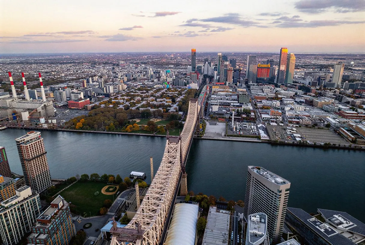 Aerial view of the Queensboro Bridge and Queens, New York