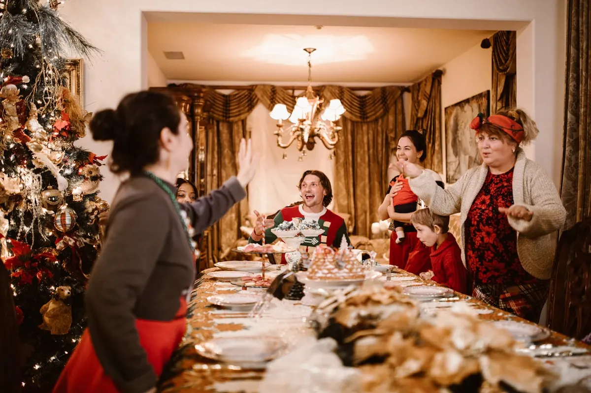 Family gathering at a festive dinner table