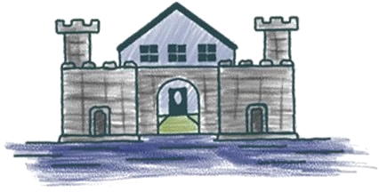 A hand-drawn castle illustration shows two towers and central building above a blue ground in front.