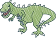 Cartoon green dinosaur stands upright with a wrench, smiling widely and showing sharp teeth.