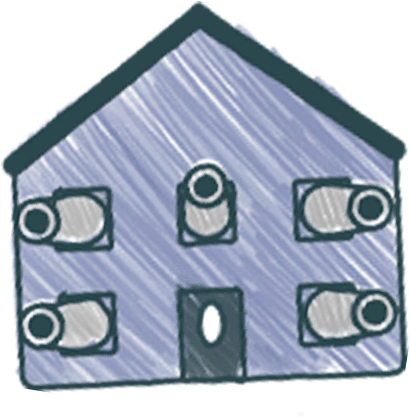 A simple drawing of a blue house features four cannons in the windows and one cannon at the door.