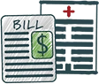 Illustration of a medical bill showing a dollar sign and a document with a red medical cross at the top.