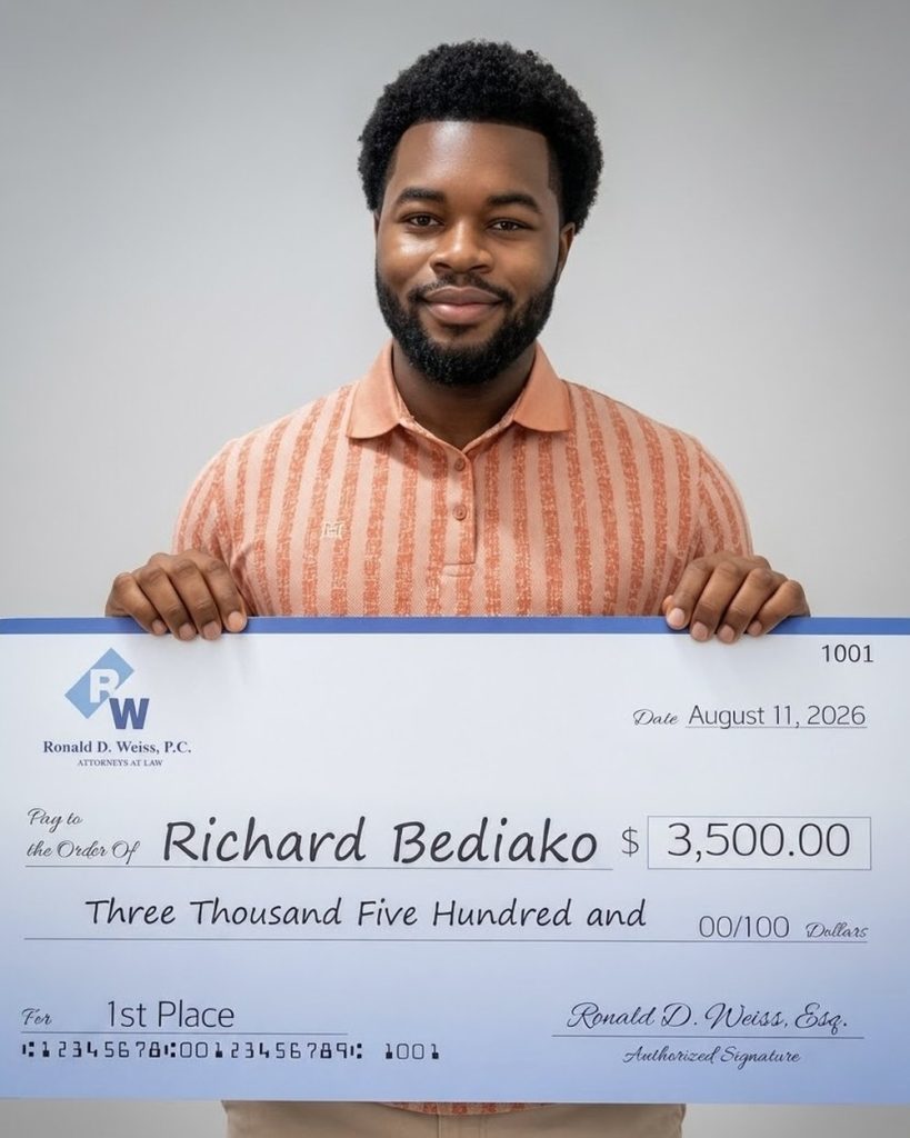 Richard Bediako holding a large ceremonial check for $3,500 for winning first place in the Ronald D. Weiss, P.C. Spring 2026 scholarship essay contest, dated August 11, 2026.